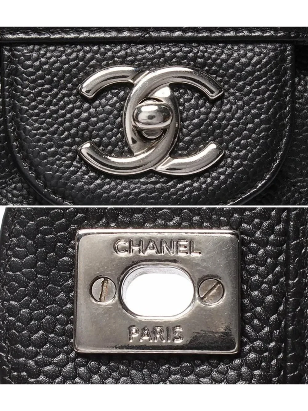 Chanel Chain Shoulder Bag Double Flap Silver Caviar Leather 16 Maxi Quilted 30